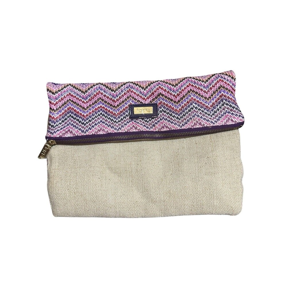 TARTE Large Fold Over Envelope Style Cosmetic Woven ZigZag Bag/Clutch Purse NEW!